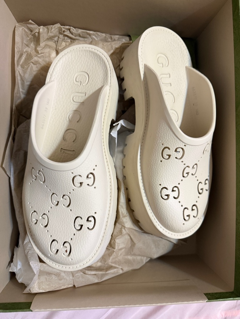 Gucci White Perforated GG Platform Clog Sandals